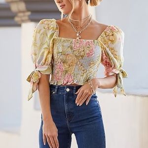Express Floral Square Neck Smocked Crop Top